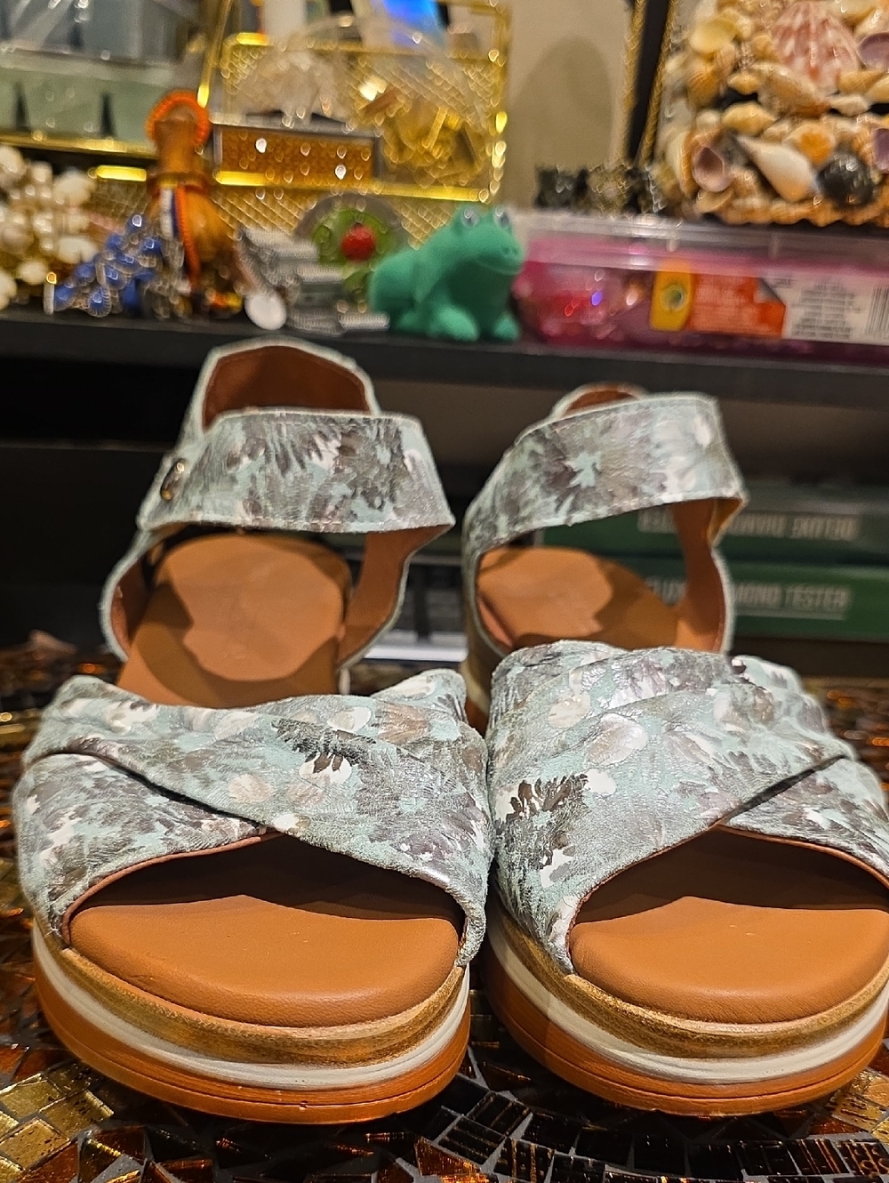 Floral Mint Cross-Band Women’s Sandals with Ankle Strap